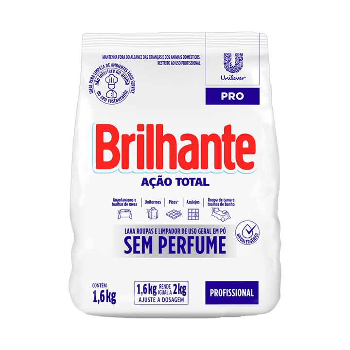 Brilhante Ação Total Sabão em Pó Sem Perfume 1,6kg – Unilever PRO